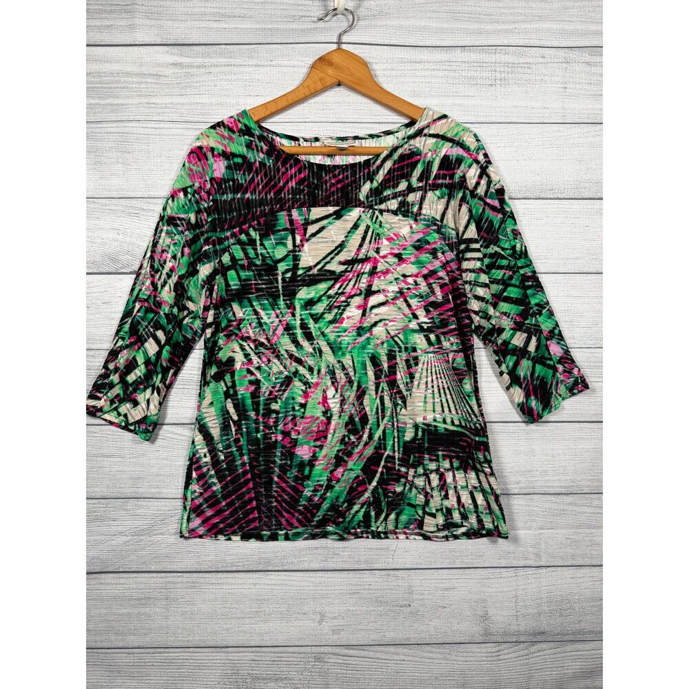 Dana Buchman Women's Medium Green Pink Black Tropical Print 3/4 Sleeve Top 1445